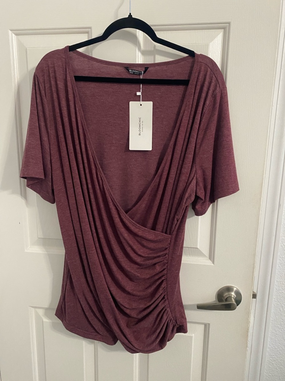 BloomChic Draped Surplice Ruched Wine Top